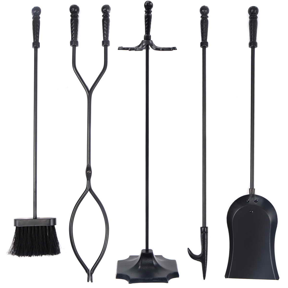 Topbuy Fireplace Tool 5 sets Pendant Tongs Fire Hook Brush Shovel Black w/ 31 inches Pedestal Base