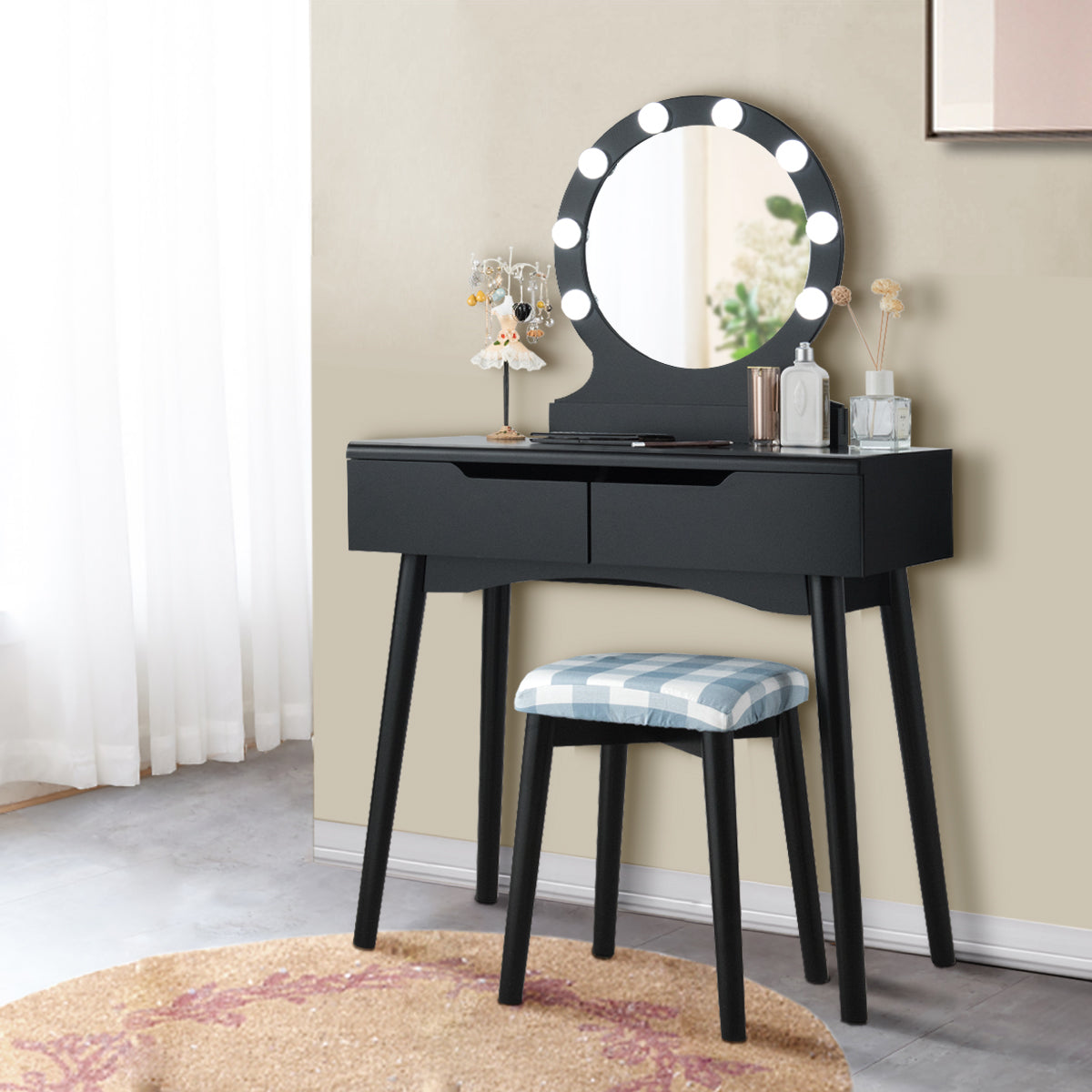 Topbuy Vanity Table Set w/ Lighted Makeup Dresser Mirror & Drawers Black