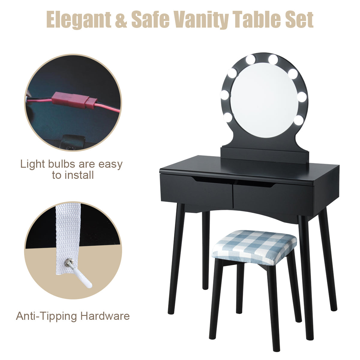 Topbuy Vanity Table Set w/ Lighted Makeup Dresser Mirror & Drawers Black