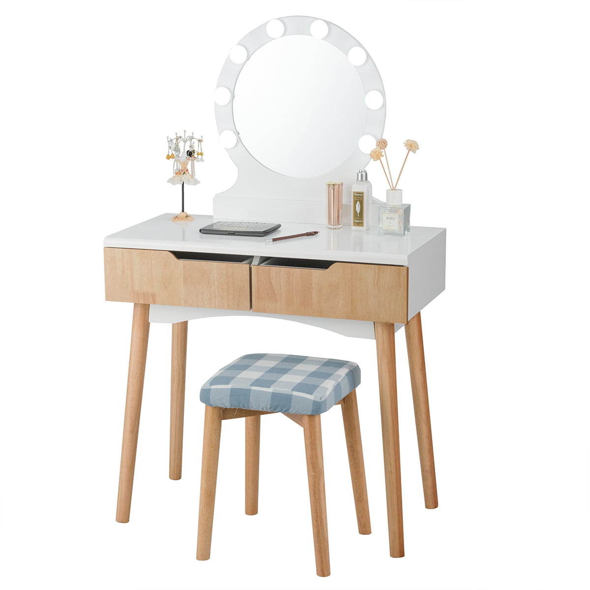 Topbuy Vanity Table Set w/ Lighted Makeup Dresser Mirror & Drawers Natural Wood