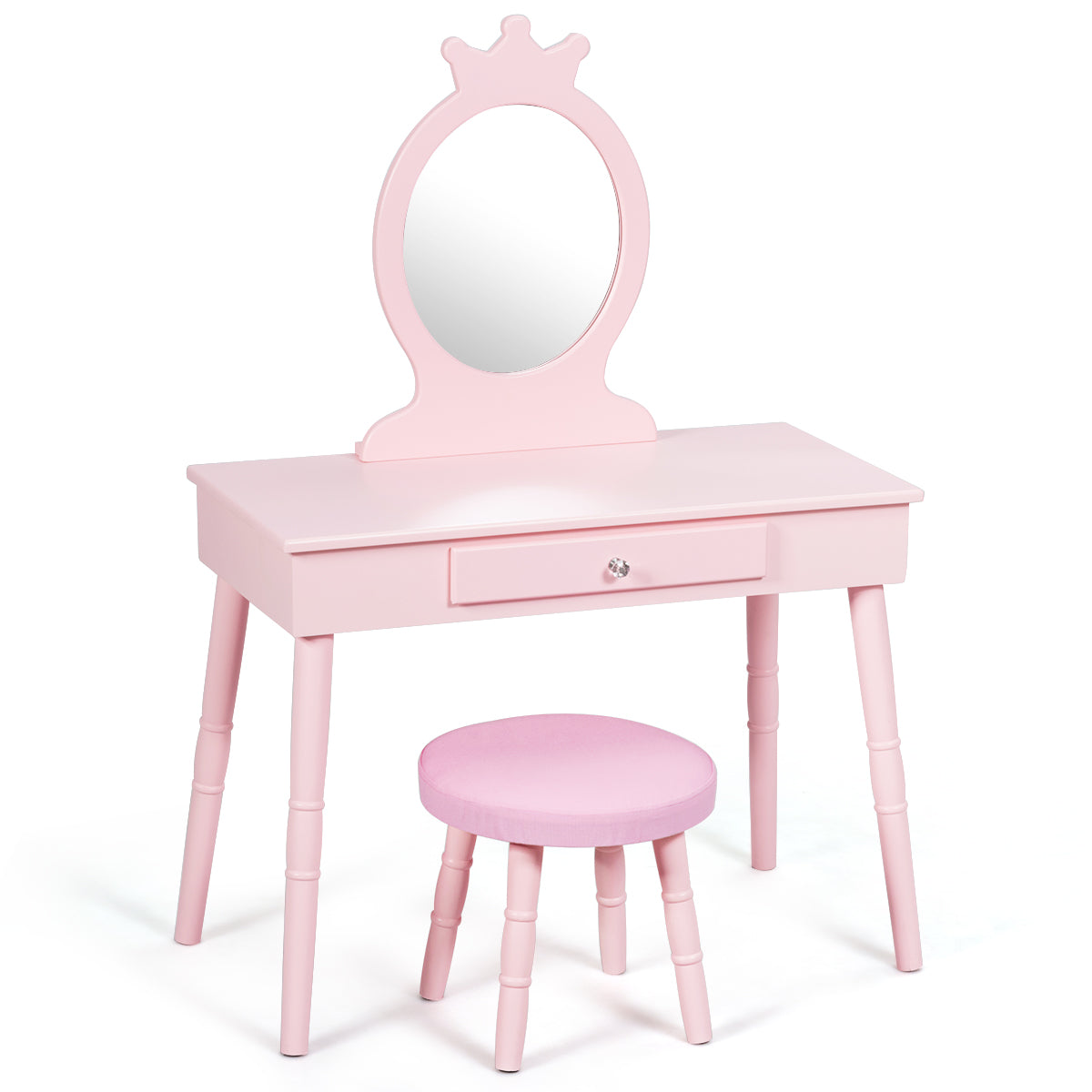 Topbuy Kids Princess Vanity Table Set w/ Chair Crown Mirror White/Pink