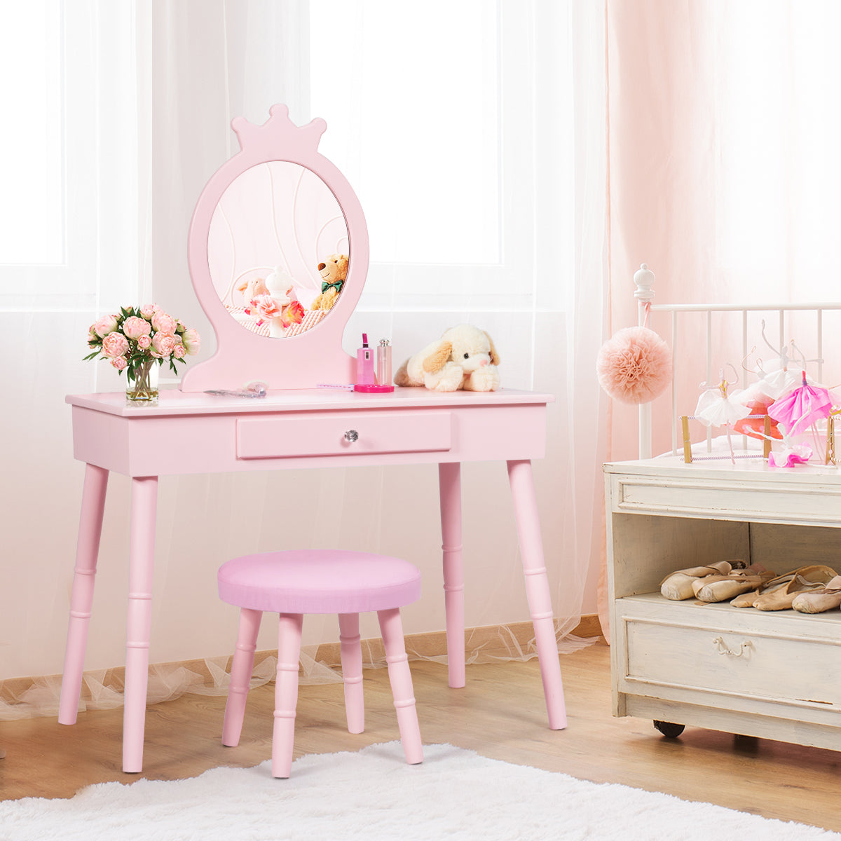 Topbuy Kids Princess Vanity Table Set w/ Chair Crown Mirror White/Pink