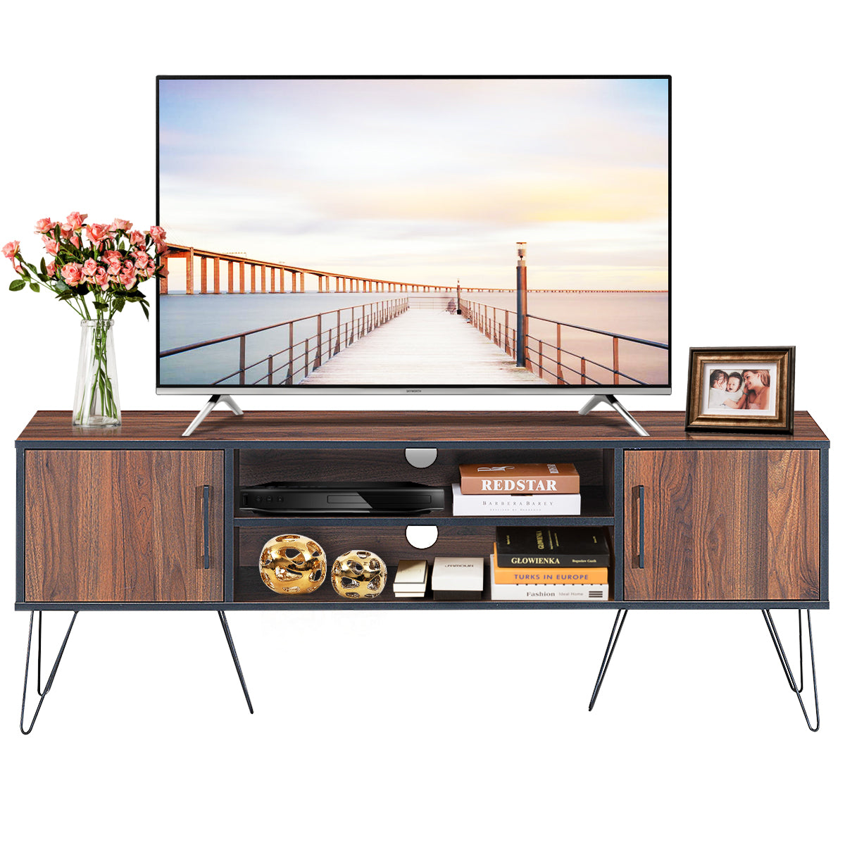 Topbuy Wooden Freestanding TV Stand Storage with 2 Doors and Shelves