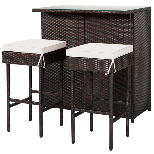 Patiojoy 3PCS Patio Wicker Rattan Bar Set Table w/2 White Cushioned Stools