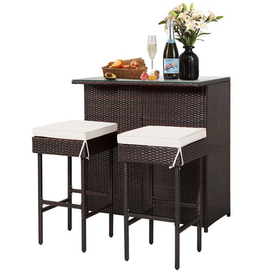 Patiojoy 3PCS Patio Wicker Rattan Bar Set Table w/2 White Cushioned Stools