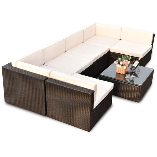 Patiojoy 7PCS Rattan Furniture Set Wicker Sectional Sofas w/Cushions