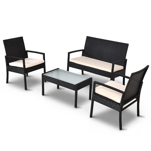 Patiojoy 4 PCS Outdoor Rattan Furniture Wicker Cushioned Chair Table Set