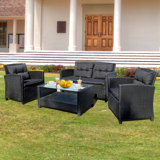 Patiojoy 4 PCS Outdoor Rattan Wicker Furniture Cushioned Chair Table Set