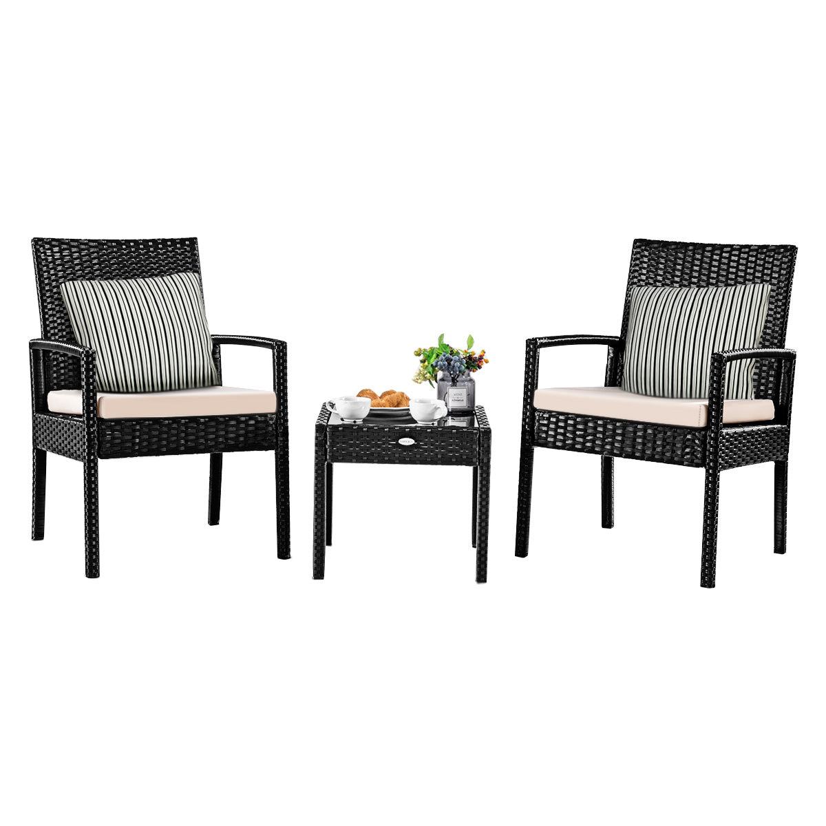 Patiojoy 3 Pieces Patio Set Outdoor Wicker Rattan Furniture w/ Cushions