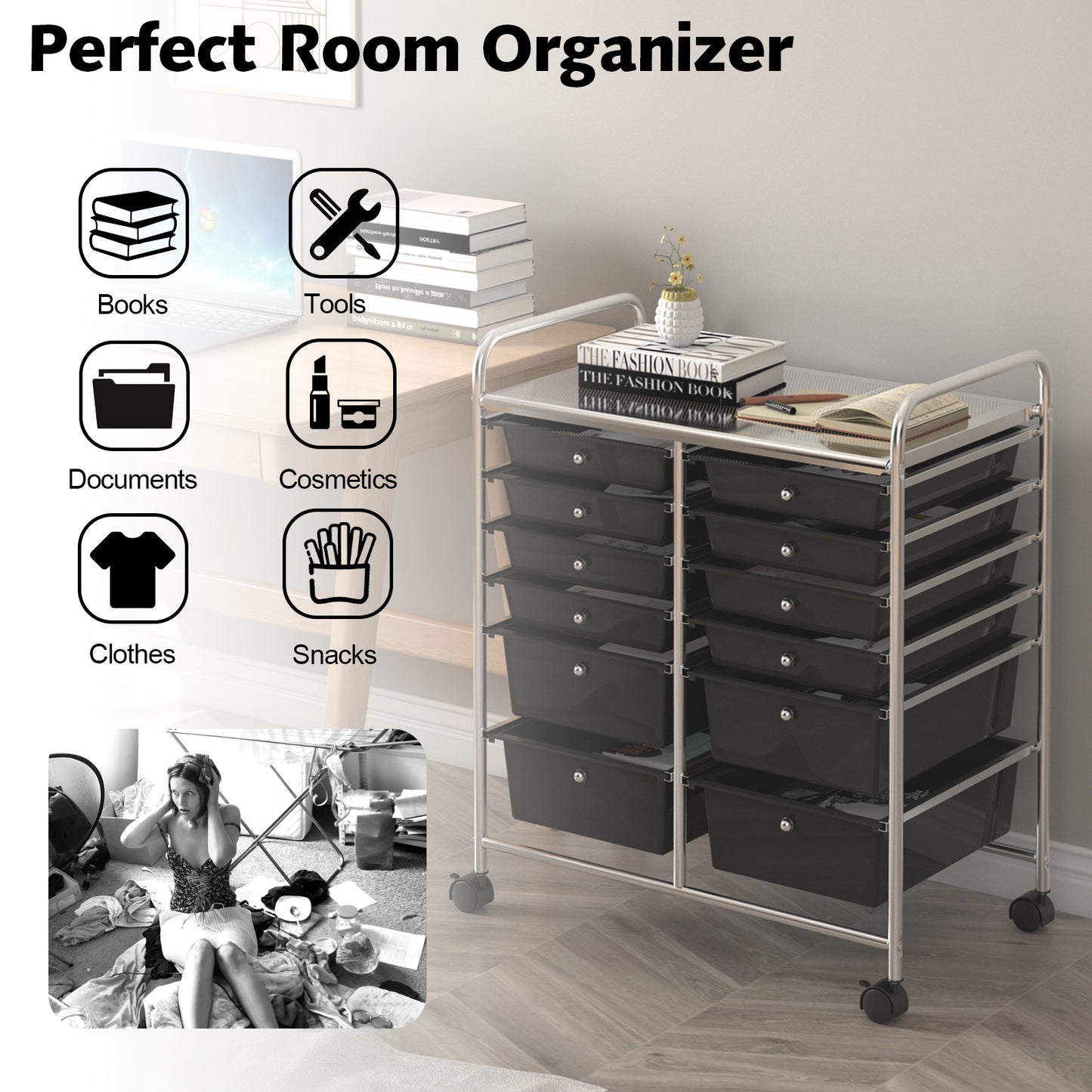 Topbuy 12-Drawers Rolling Storage Cart with Organizer Top