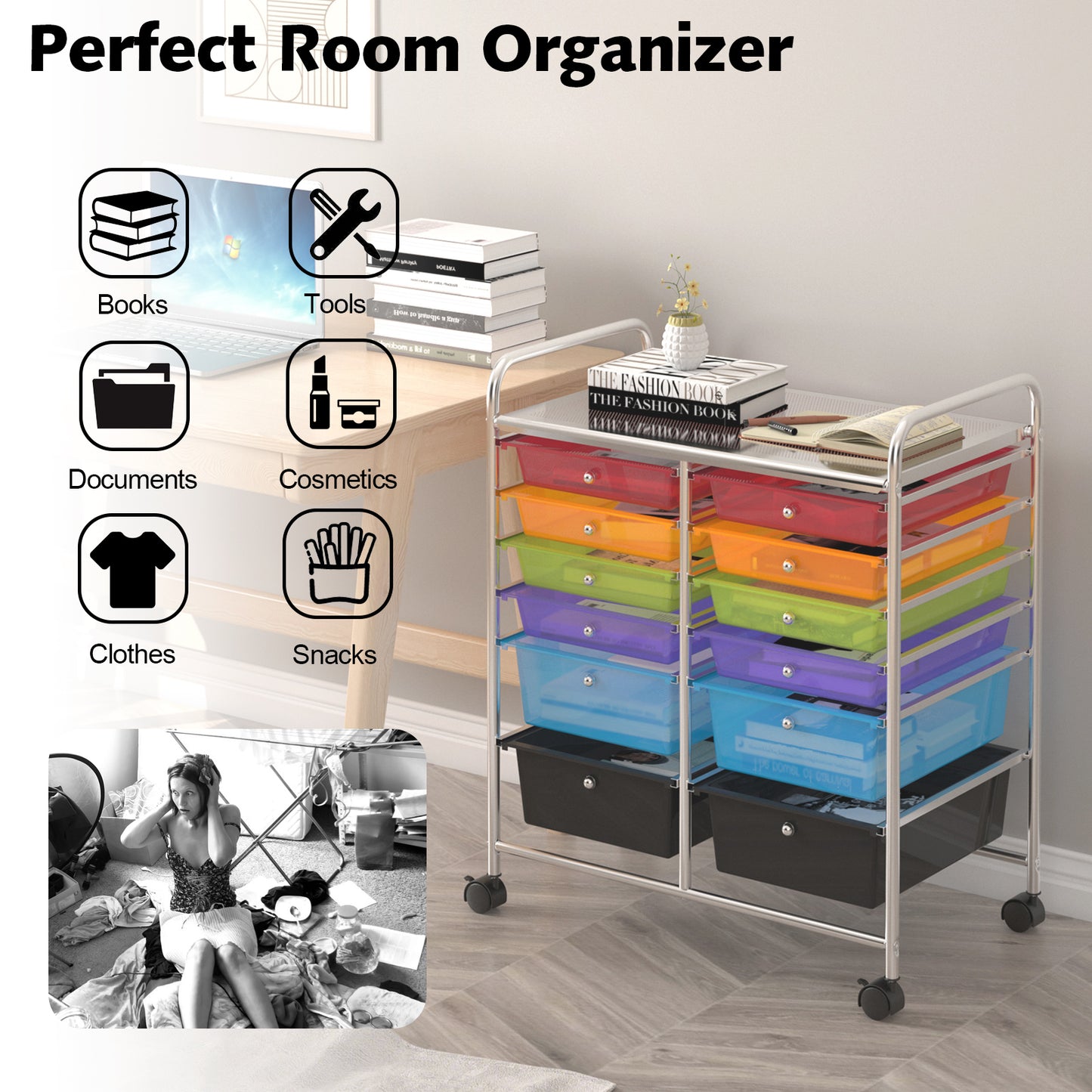 Topbuy 12-Drawers Rolling Storage Cart with Organizer Top