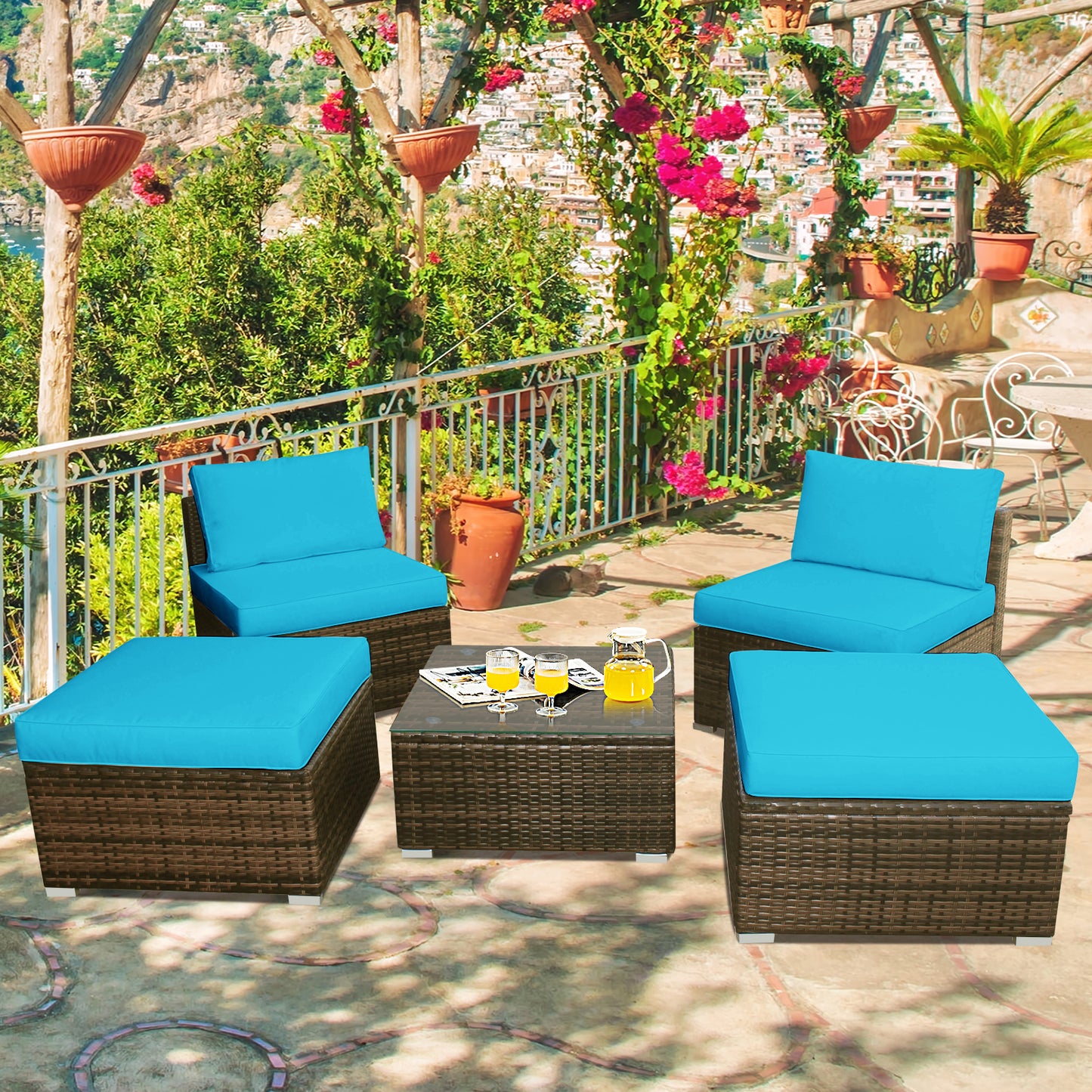 Patiojoy 5-Piece Outdoor Rattan Wicker Sofa Set Lounge Chair with Turquoise Cushions