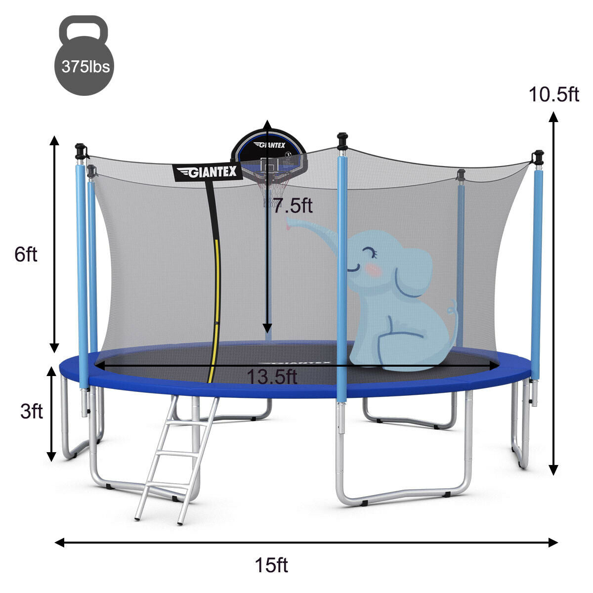 Topbuy 15 FT Trampoline Combo Bounce Jump Safety Enclosure Net W/Basketball Hoop Ladder