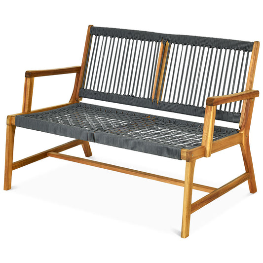 Topbuy 2-Person Outdoor Acacia Wood Bench Patio Loveseat Rope Bench Grey