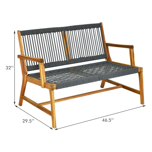 Topbuy 2-Person Outdoor Acacia Wood Bench Patio Loveseat Rope Bench Grey