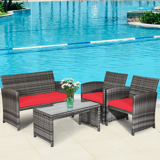 Patiojoy 4-Piece Outdoor Patio Furniture Set Rattan Wicker Conversation Sofa Set