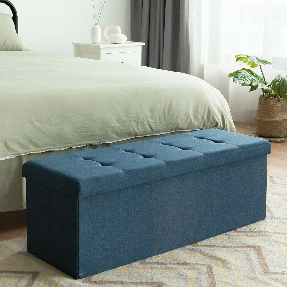 Topbuy Navy/Drak Grey/Light Grey storage Ottoman Fabric Folding Storage Chest with Divider Bed End Bench