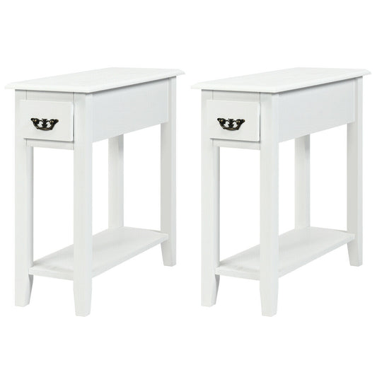 Topbuy Set of 2 White 2 Tier Narrow Nightstand End Bedside Sofa Side Table W/ Drawer & Shelf