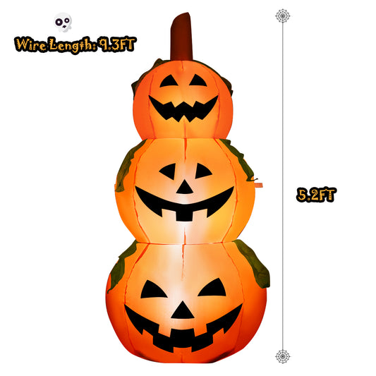 Topbuy Halloween Decoration Inflatable 3-Pumpkin Stack 5 Ft Halloween Pumpkin Lantern W/ Internal LED Bulbs