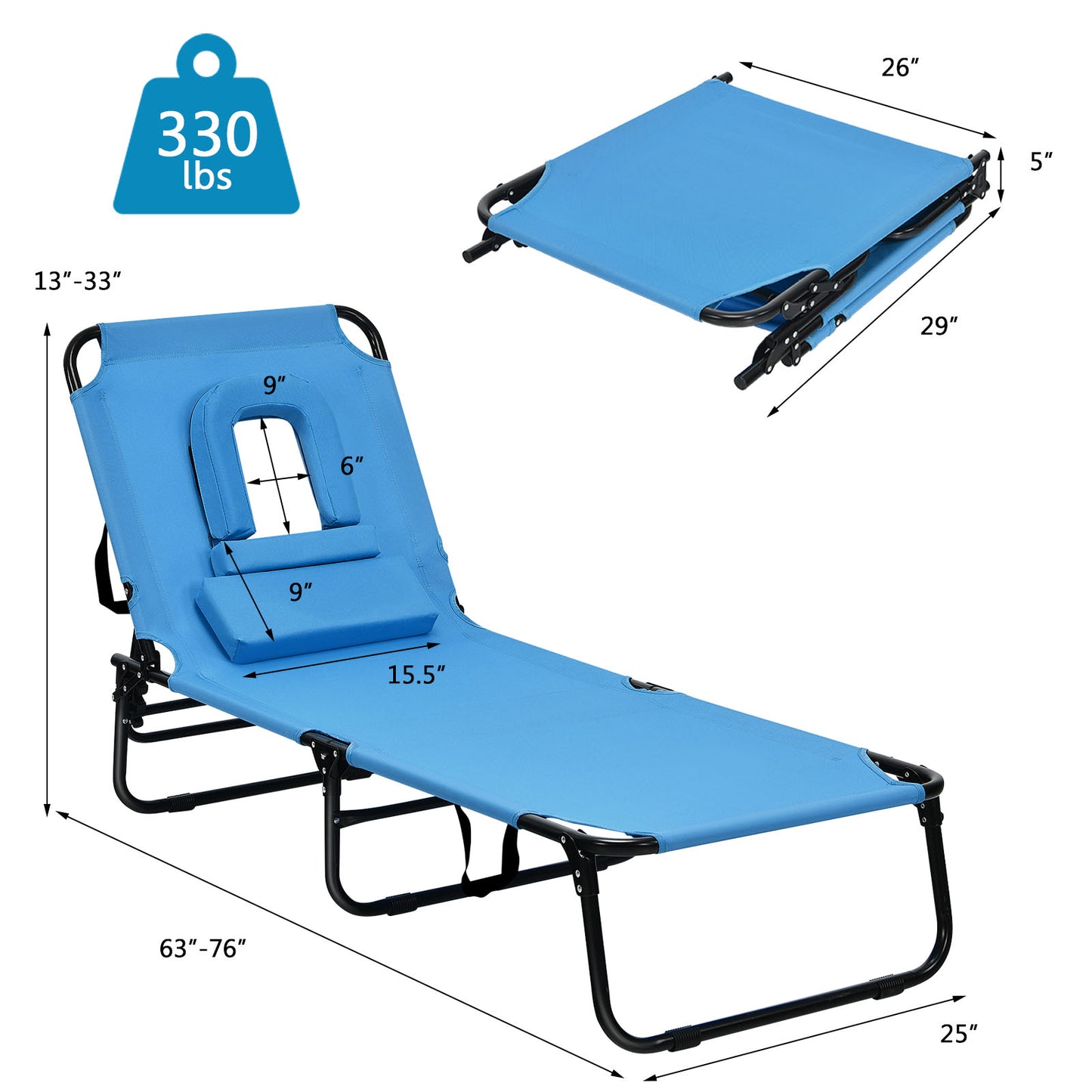 Patiojoy Outdoor Folding Beach Chaise Lounge Chair Adjustable Camping Recliner Blue/Turquoise/Beige