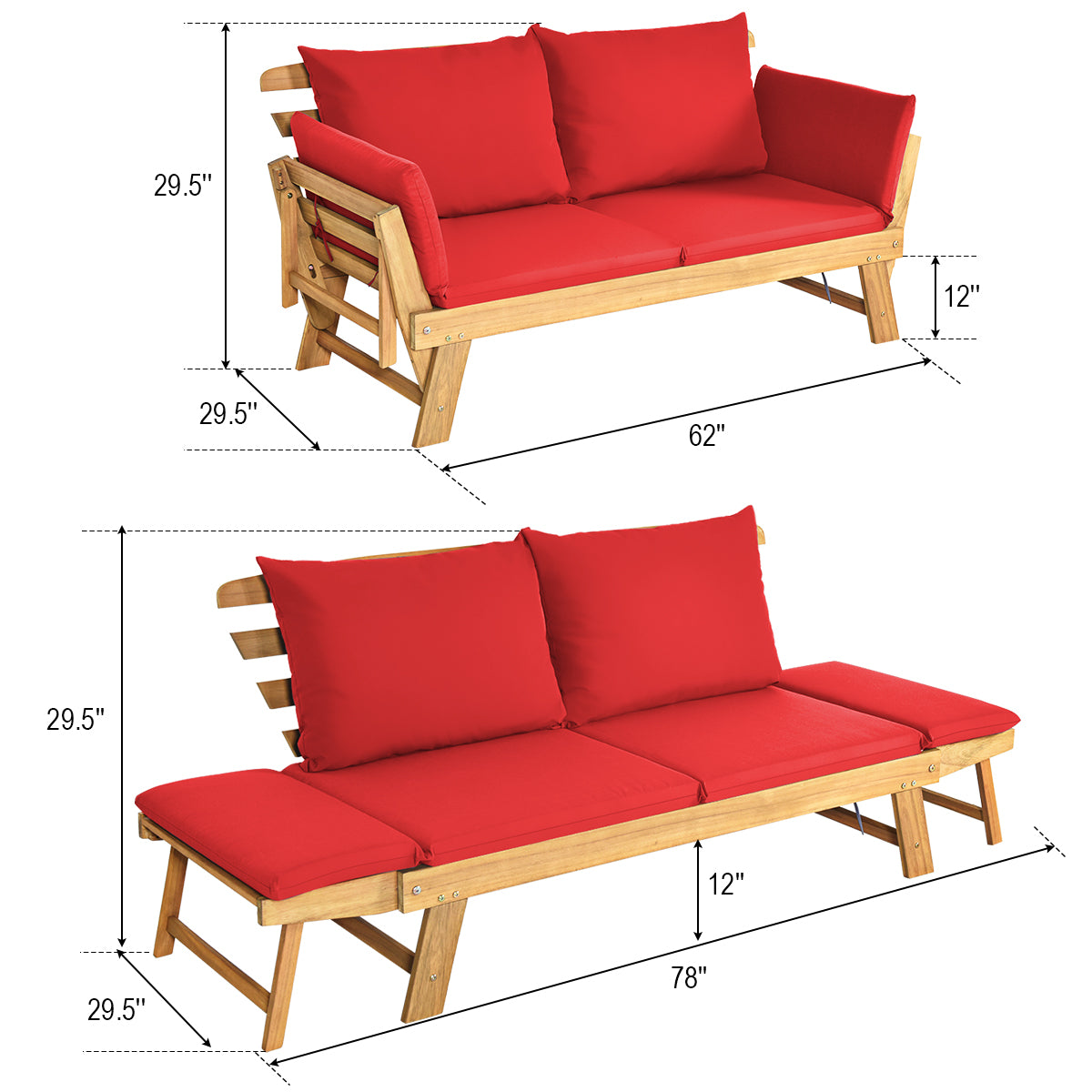 Topbuy Outdoor Folding Daybed Patio Acacia Wood Convertible Couch Sofa Bed Red/White/Turquoise/Dark Grey