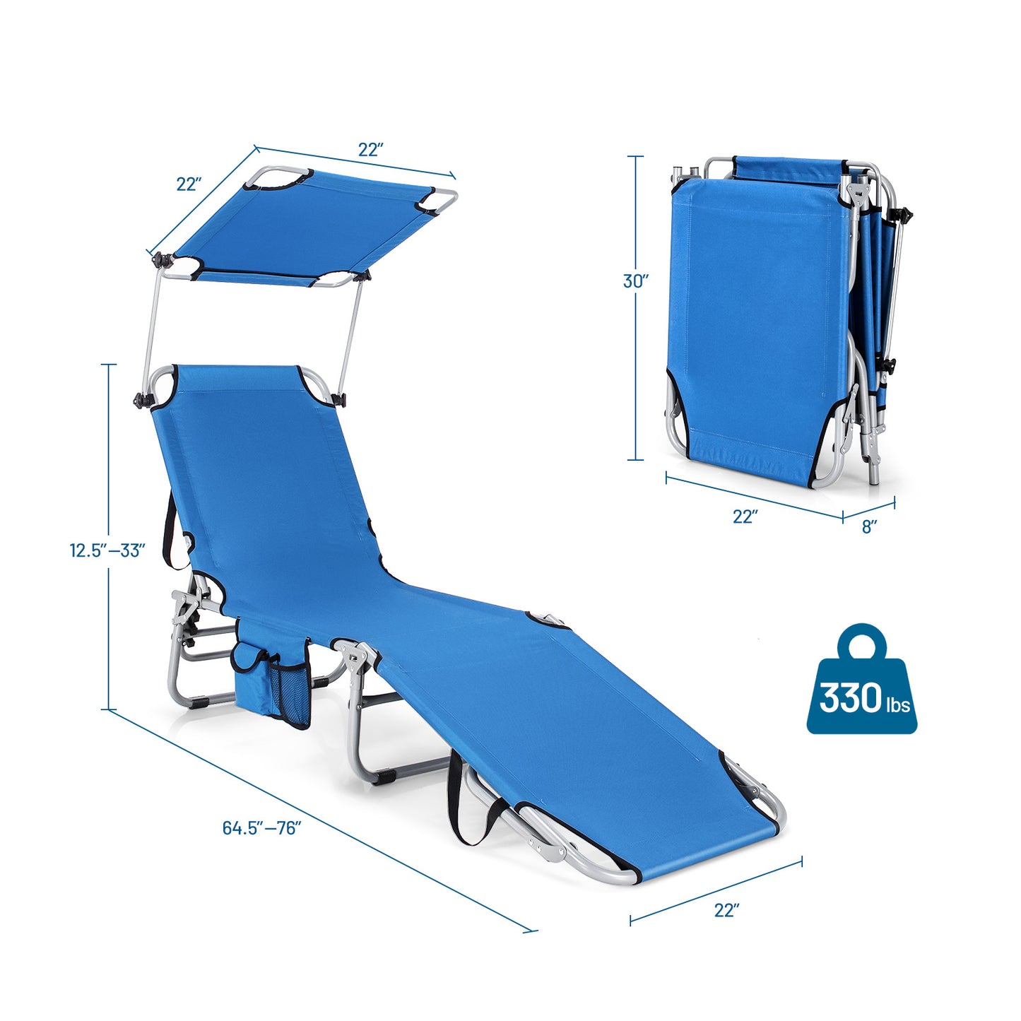 Topbuy Foldable Sun Shading Chaise Lounge Chair Adjustable Beach Recliner Blue/Beige/Black