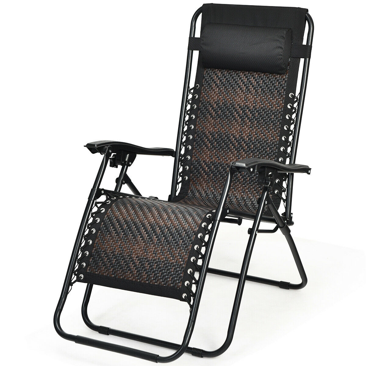 Patiojoy Mix Brown Folding Recliner Patio Rattan Zero Gravity Lounge Chair With Headrest