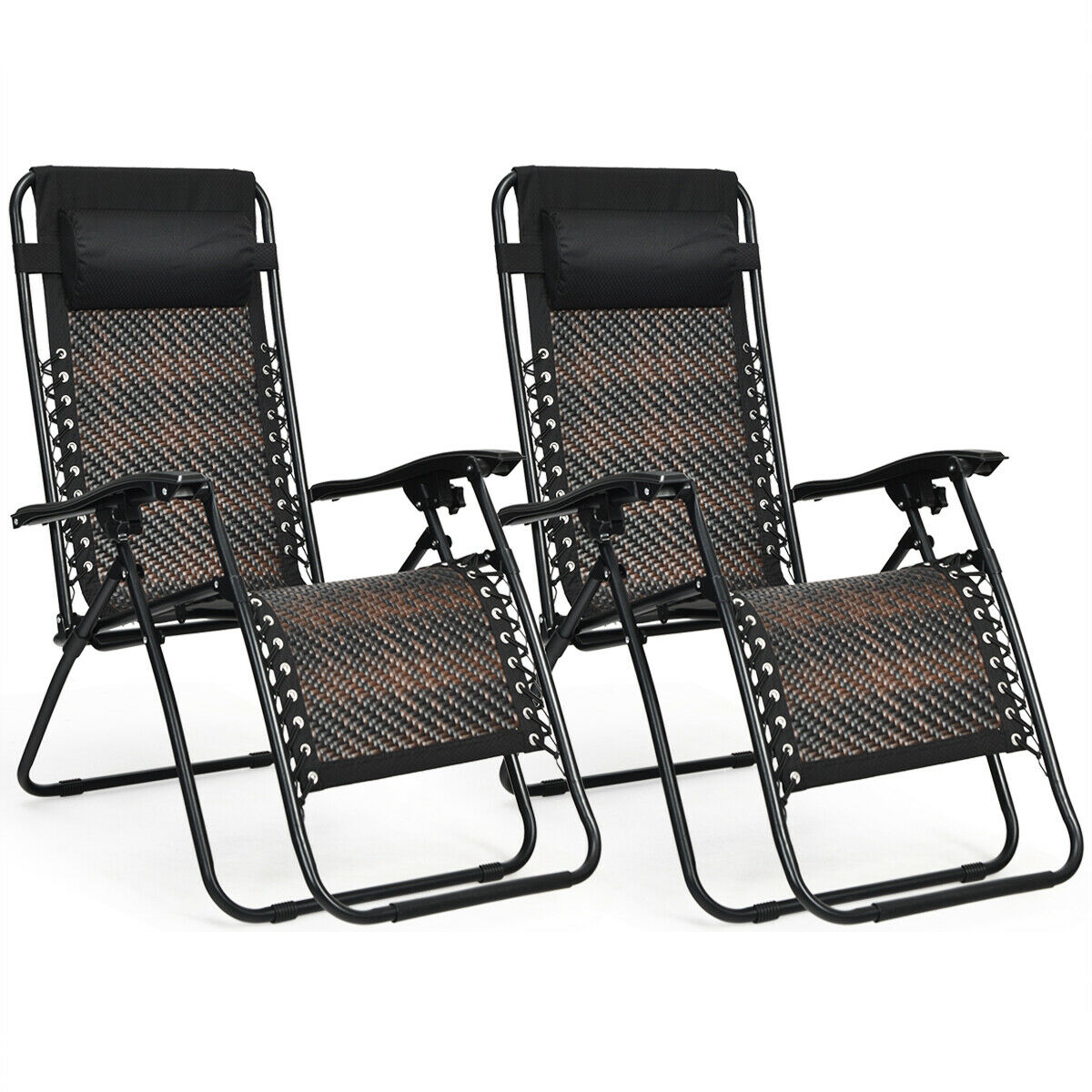 Patiojoy 2PCS Mix Brown Folding Recliner Patio Rattan Zero Gravity Lounge Chair W/ Headrest