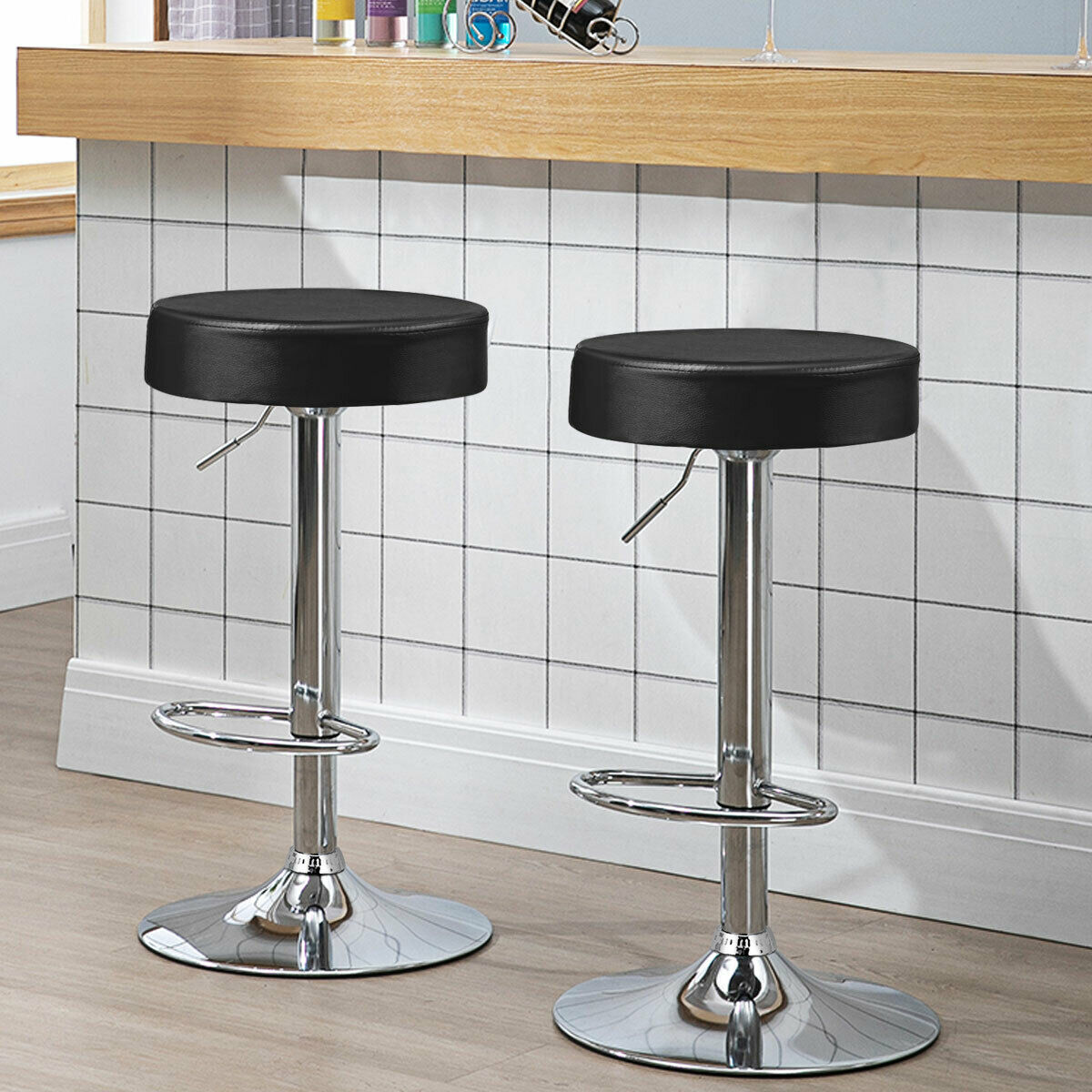 Topbuy Black Round Bar Stool Set of 2 Adjustable Swivel Pub Chair U Leather W/ Footrest