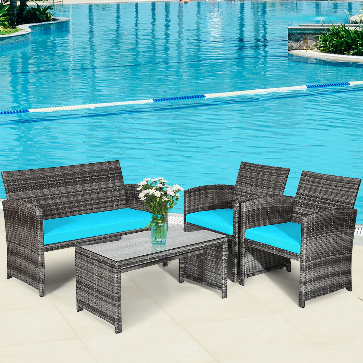 Patiojoy 4-Piece Outdoor Patio Furniture Set Rattan Wicker Conversation Sofa Set W/Cushions Turquoise