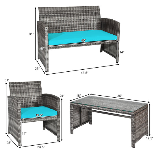 Patiojoy 4-Piece Outdoor Patio Furniture Set Rattan Wicker Conversation Sofa Set W/Cushions Turquoise