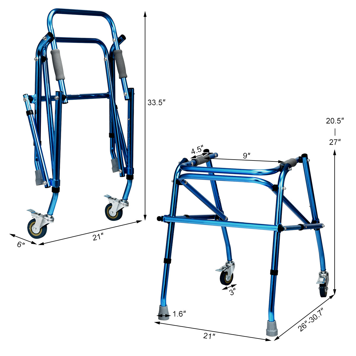 Topbuy Adjustable Walker Folding Small Aluminum Walker With Wheel for Seniors And Children Blue/Sliver