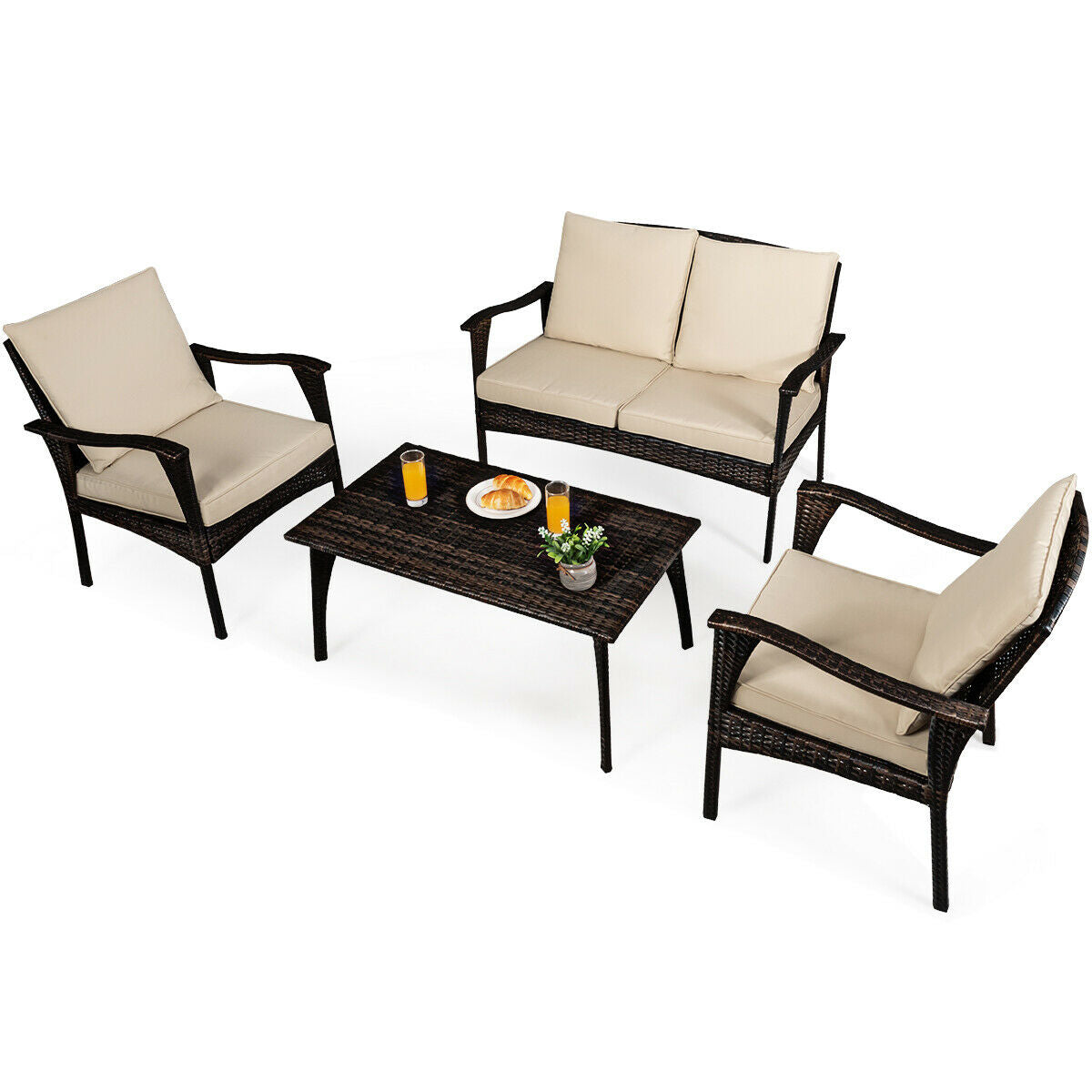 Patiojoy Brown Rattan Wicker 4PCS Patio Furniture Set Cushioned Sofa Couch Coffee Table