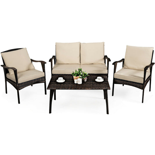 Patiojoy Brown Rattan Wicker 4PCS Patio Furniture Set Cushioned Sofa Couch Coffee Table