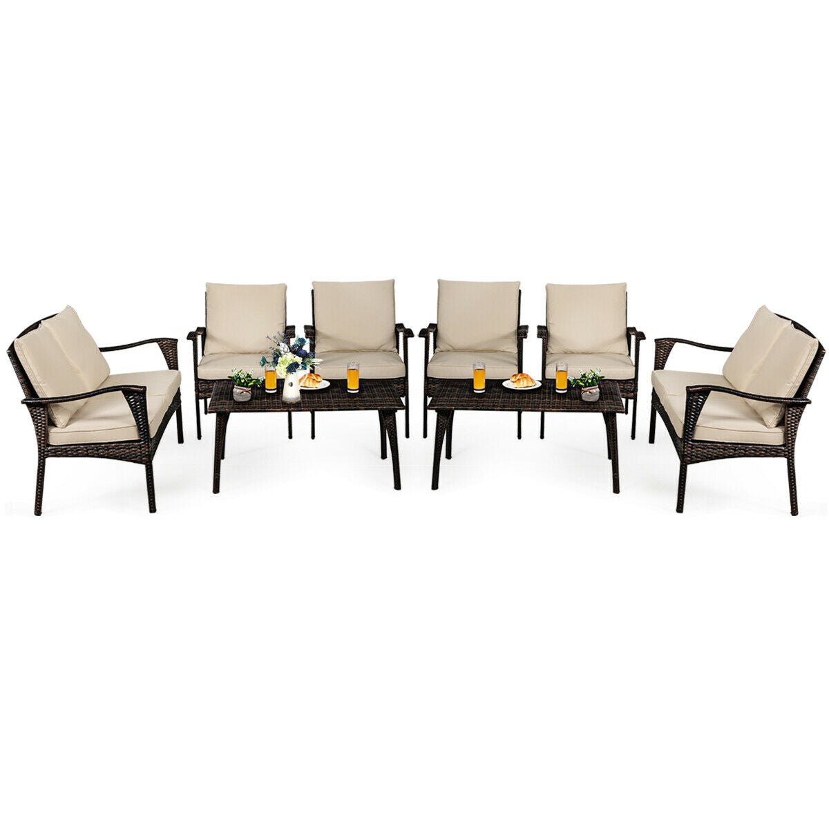 Patiojoy Brown Rattan Wicker 8PCS Patio Furniture Set Cushioned Sofa Couch Coffee Table