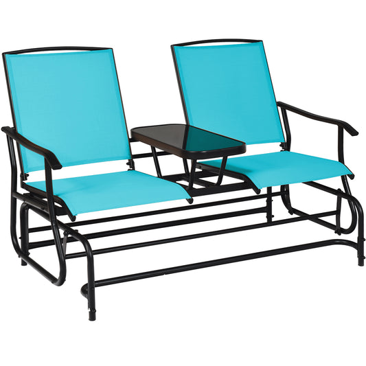 Patiojoy Turquoise/Gray/Beige/Brown/Black Patio Loveseat Rocking 2 Person Outdoor Double Glider Chair With Center Table