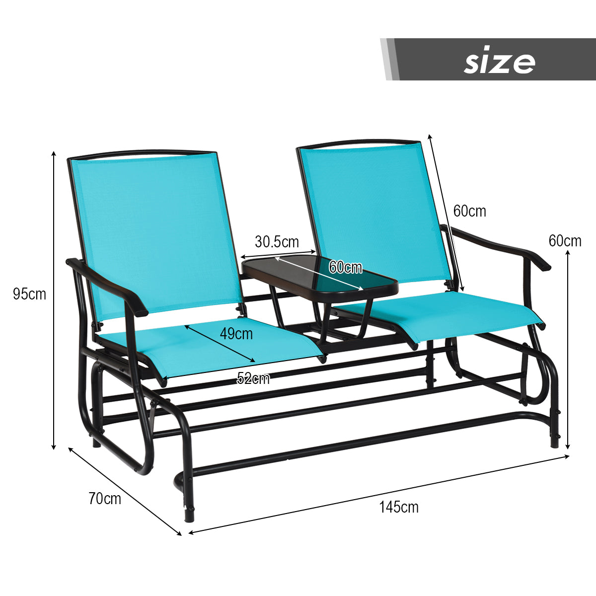 Patiojoy Turquoise/Gray/Beige/Brown/Black Patio Loveseat Rocking 2 Person Outdoor Double Glider Chair With Center Table