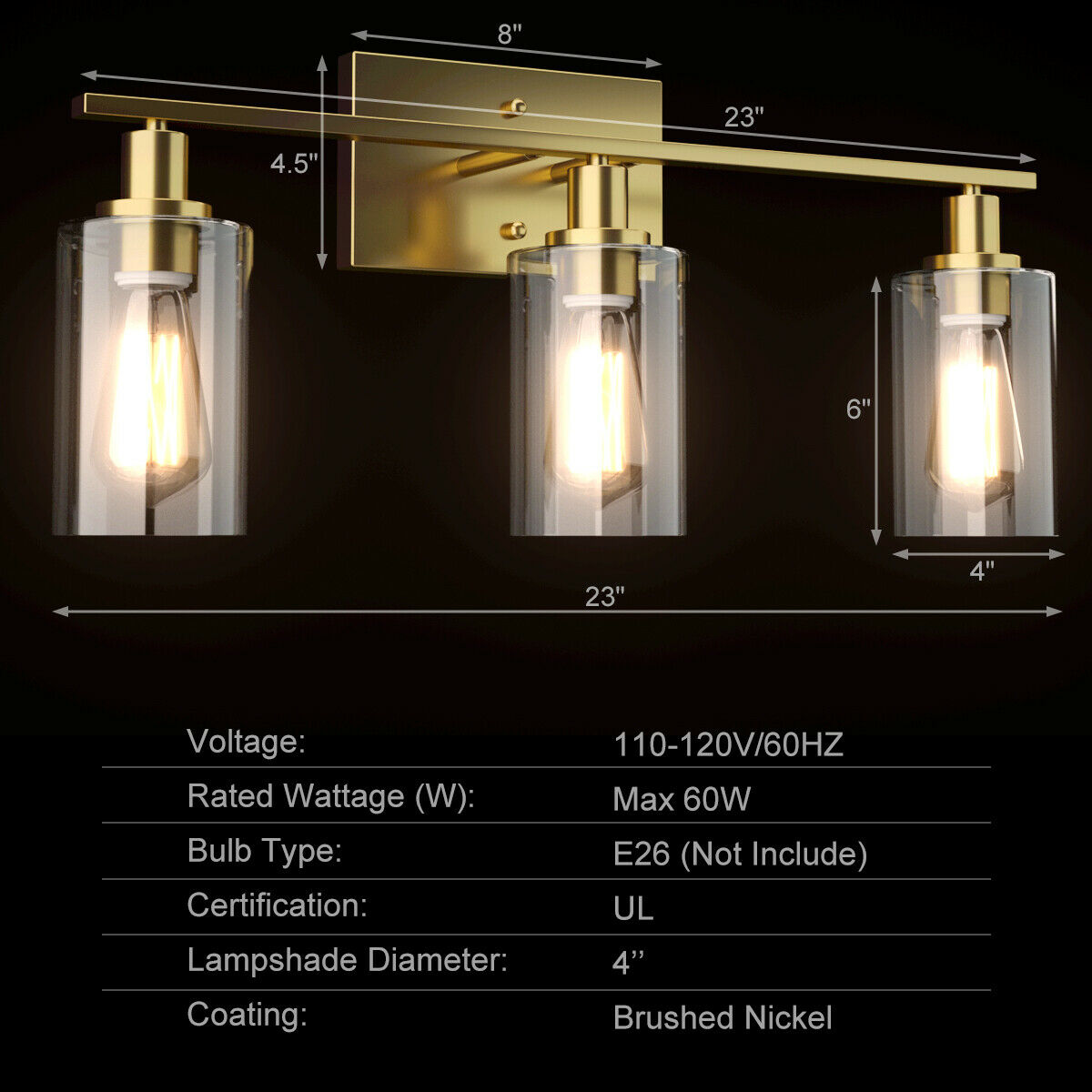 Topbuy Bathroom Vanity Light Modern Wall 3-Light  Sconce Fixtures W/ Clear Glass Shade Golden/Silver