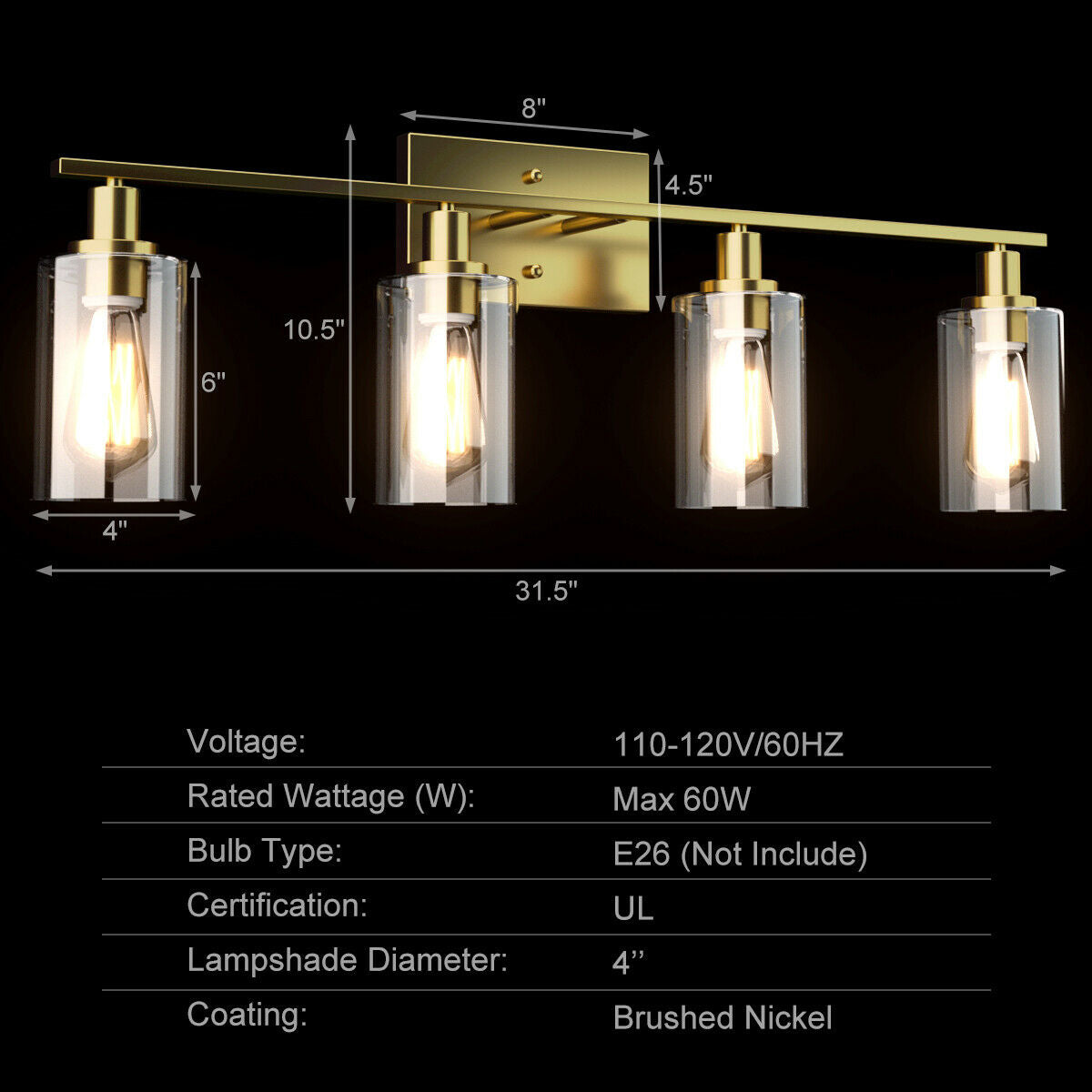 Topbuy Bathroom Vanity Light Modern Wall 4-Light  Sconce Fixtures W/ Clear Glass Shade Golden/Silver