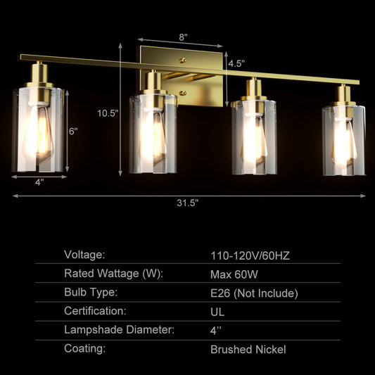 Topbuy Bathroom Vanity Light Modern Wall 4-Light  Sconce Fixtures W/ Clear Glass Shade Golden/Silver