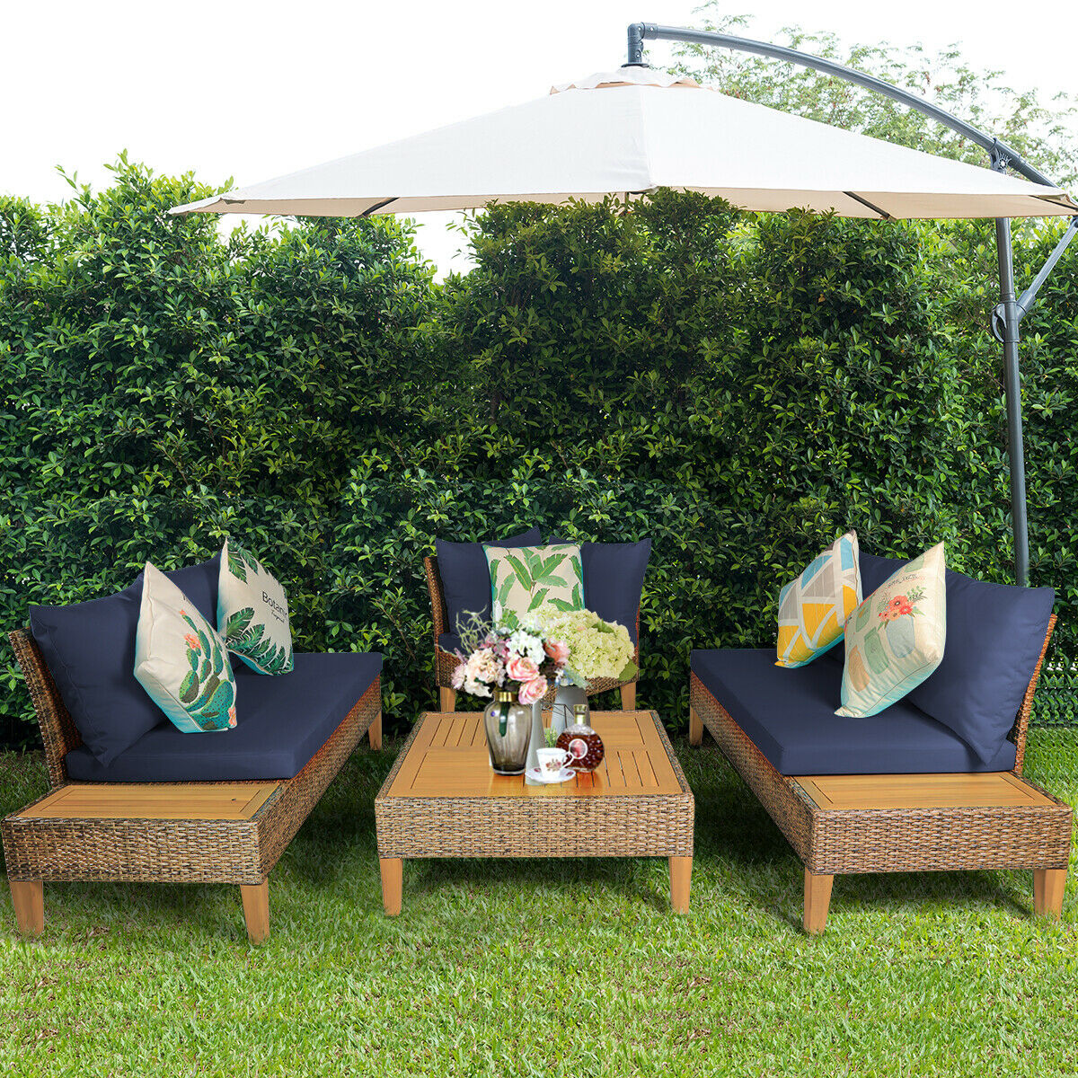 Patiojoy Navy Patio Loveseat 4PCS Rattan Furniture Set With Wooden Side Table Cushioned