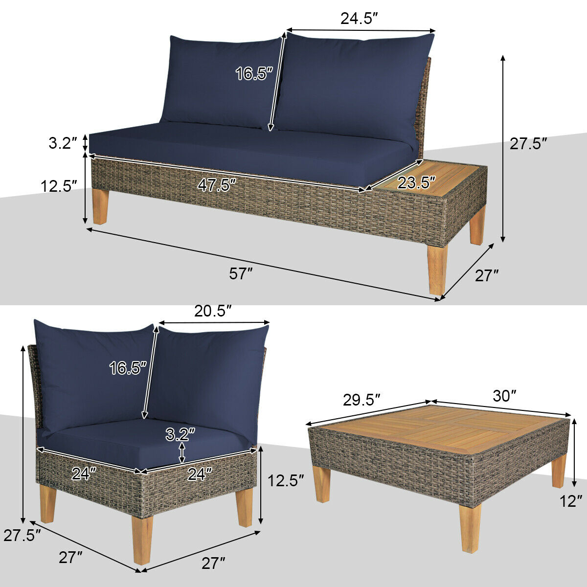 Patiojoy Navy Patio Loveseat 4PCS Rattan Furniture Set With Wooden Side Table Cushioned