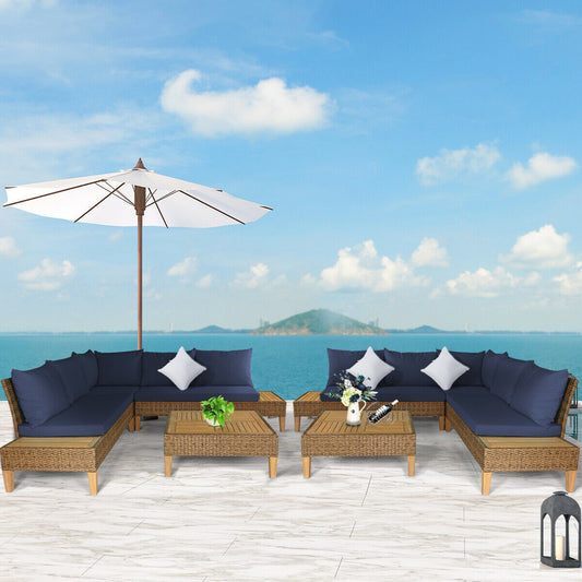 Patiojoy Navy Patio Loveseat 8PCS Rattan Furniture Set With Wooden Side Table Cushioned