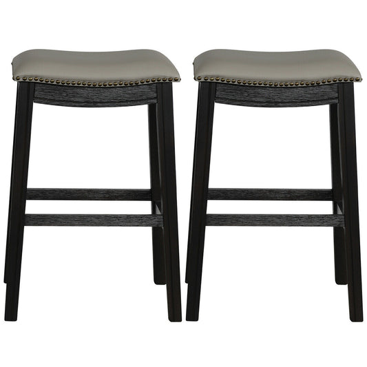 Topbuy Set of 2 Kitchen Counter Chair Leather Seat Nailhead Saddle Bar Stool Black/Grey