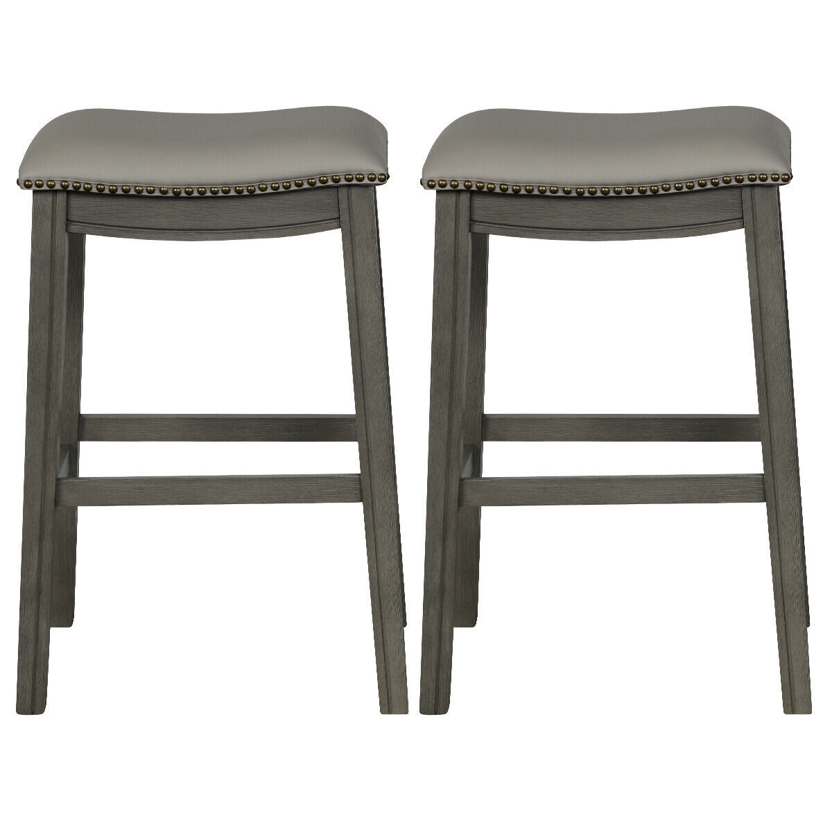 Topbuy Set of 2 Kitchen Counter Chair Leather Seat Nailhead Saddle Bar Stool Black/Grey