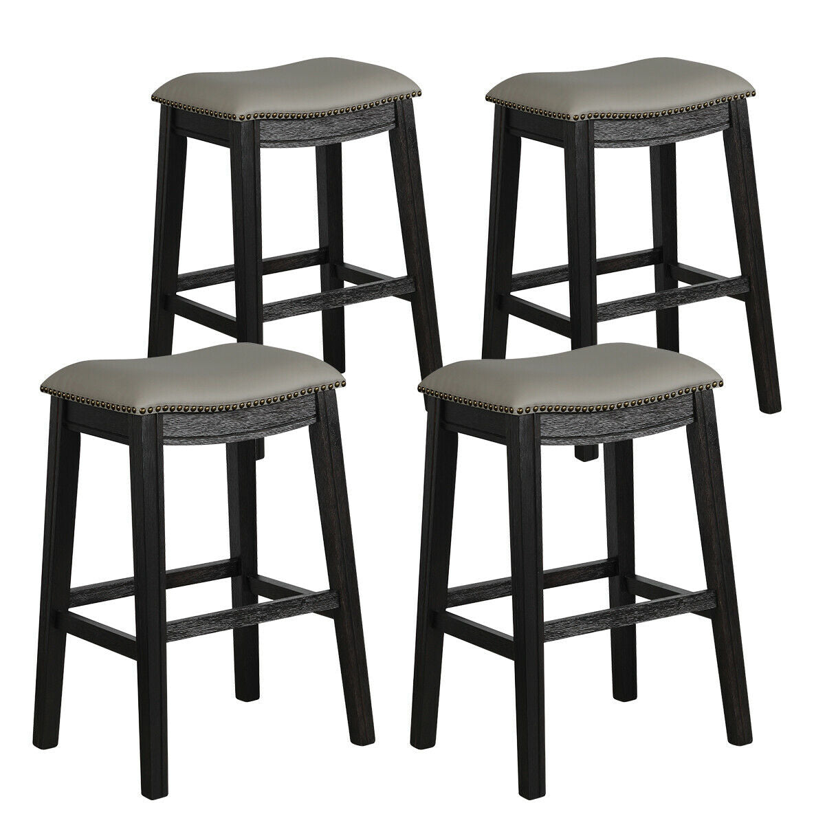 Topbuy Set of 4 Kitchen Counter Chair Leather Seat Nailhead Saddle Bar Stool Black/Grey