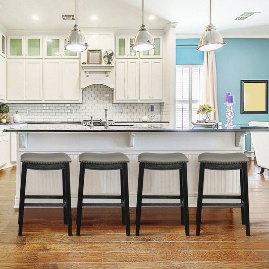 Topbuy Set of 4 Kitchen Counter Chair Leather Seat Nailhead Saddle Bar Stool Black/Grey