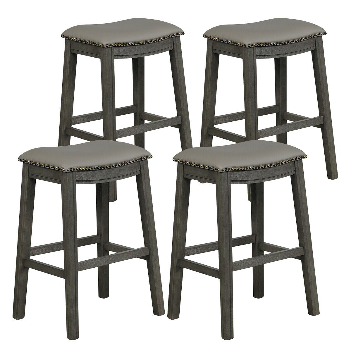 Topbuy Set of 4 Kitchen Counter Chair Leather Seat Nailhead Saddle Bar Stool Black/Grey