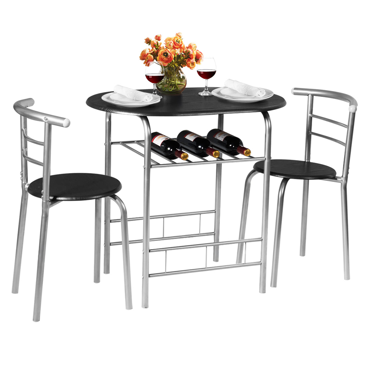 Topbuy 3 PCS Kitchen Dining Set Compact Bistro Pub 2 Chairs & Table Black/Grey/Natural/Tan/Silver/Black&Brown