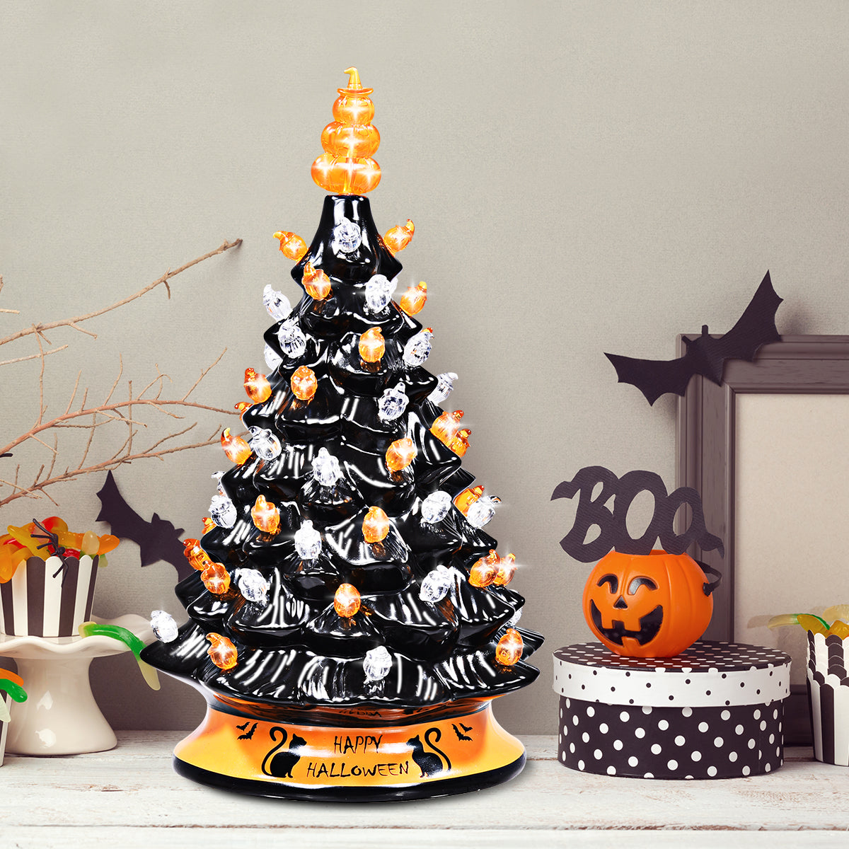 Topbuy Pre-Lit Ceramic Hand-Painted Halloween Tree Tabletop Xmas Decor W/ 64 Decorative Lights